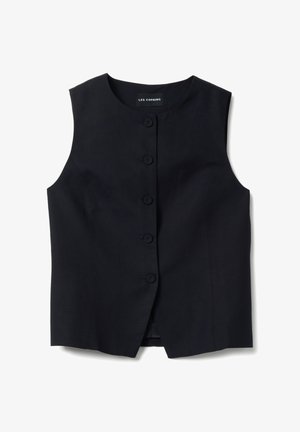 Mouwloos zwart vest met knopen, ronde halslijn en getailleerde pasvorm, binnen in de kraag gelabeld "LES COPAINS".