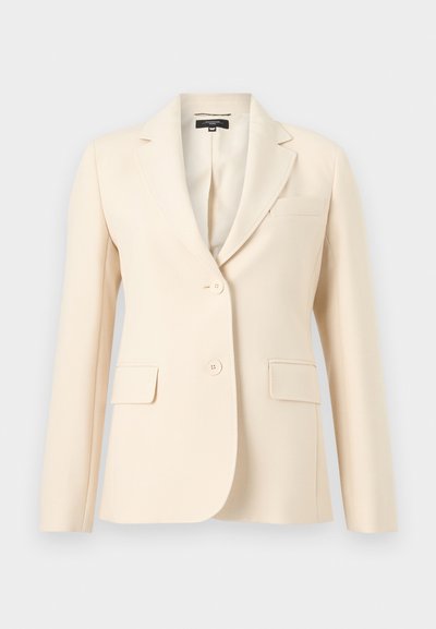 Γυναικείο σακάκι σε κρεμ απόχρωση με ραμμένες λεπτομέρειες, γιακά με εγκοπές, δύο κουμπιά στο μπροστινό μέρος και δύ ο τσέπες με καπάκι στη μέση.