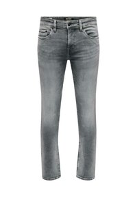 Jeans din denim gri, cu croială slim. Design cu cinci buzunare, fermoar cu închidere cu buton și o ușoară decolorare pentru un aspect casual.