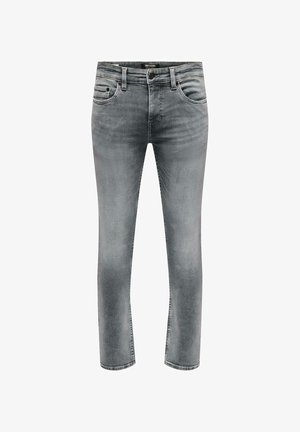 Gray denim jeans with a slim fit. Five-pocket design, zip fly with button closure, and slight fading for a casual look.