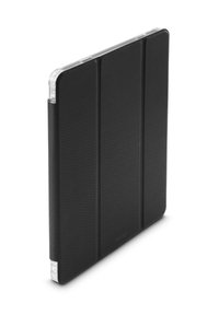 Schwarze strukturierte Dreifach-Tablet-Hülle mit transparenten Kanten, aufrecht stehend vor weißem Hintergrund.