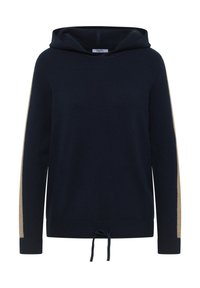 Granatowa bluza z kapturem wykonana z miękkiego materiału, z beżowymi paskami po bokach, ściągaczem z troczkiem w dolnej części oraz luźnym krojem z kieszenią kangurka.