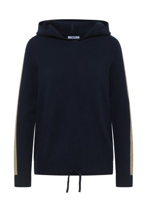 Mörkblå hoodie i mjukt tyg med beige sidostrippar, dragsko i fållen och en avslappnad passform med en känguruficka.