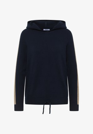 Marineblauwe hoodie van zachte stof, met beige zijstrepen, een zoom met trekkoord en een ontspannen pasvorm met een kangaroovak.
