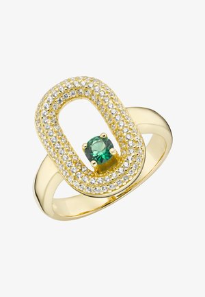 Goldring mit ovalem Rahmen, besetzt mit klaren Steinen und einem grünen Edelstein in der Mitte. Glatter Ring mit polierter Oberfläche.
