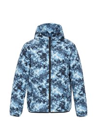 Gevoerde jas met een blauw-wit abstract patroon, volledige ritsluiting en een capuchon. Gemaakt van een lichtgewicht, waterafstotend materiaal.