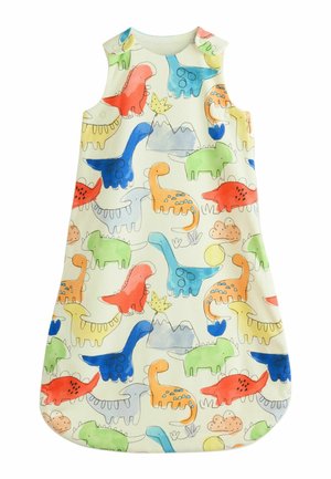 Sleeveless toddler sleeping bag with colorful cartoon dinosaurs, volcano, and sun on a cream background.