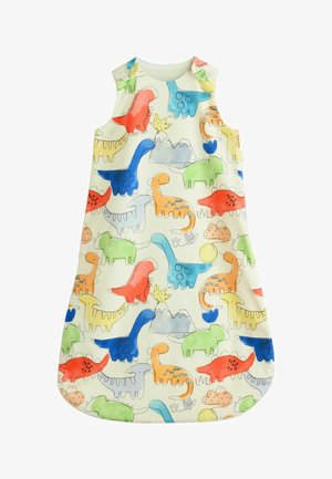 Ärmelloser Schlafsack für Kleinkinder mit bunten Cartoon-Dinosauriern, Vulkan und Sonne auf cremefarbenem Hintergrund.