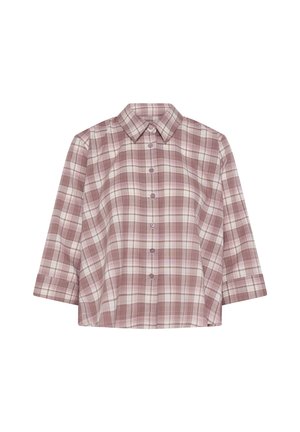 Krekls ar pogām, rozā un baltas krāsas rūtainu rakstu, ar smailu apkakli un trīs ceturtdaļu garuma piedurknēm.