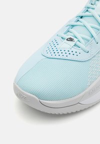 Lys blå idrettssko med nettingoverdel, perforerte detaljer, flate lisser og grå såle med et Nike-logo på siden.