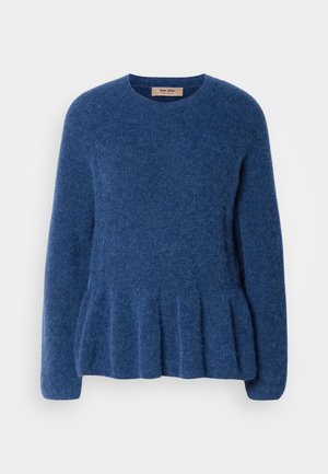 Blå strikket genser med rund hals, lange ermer og utstående kant. Laget av mykt, teksturert stoff med et avslappet design.