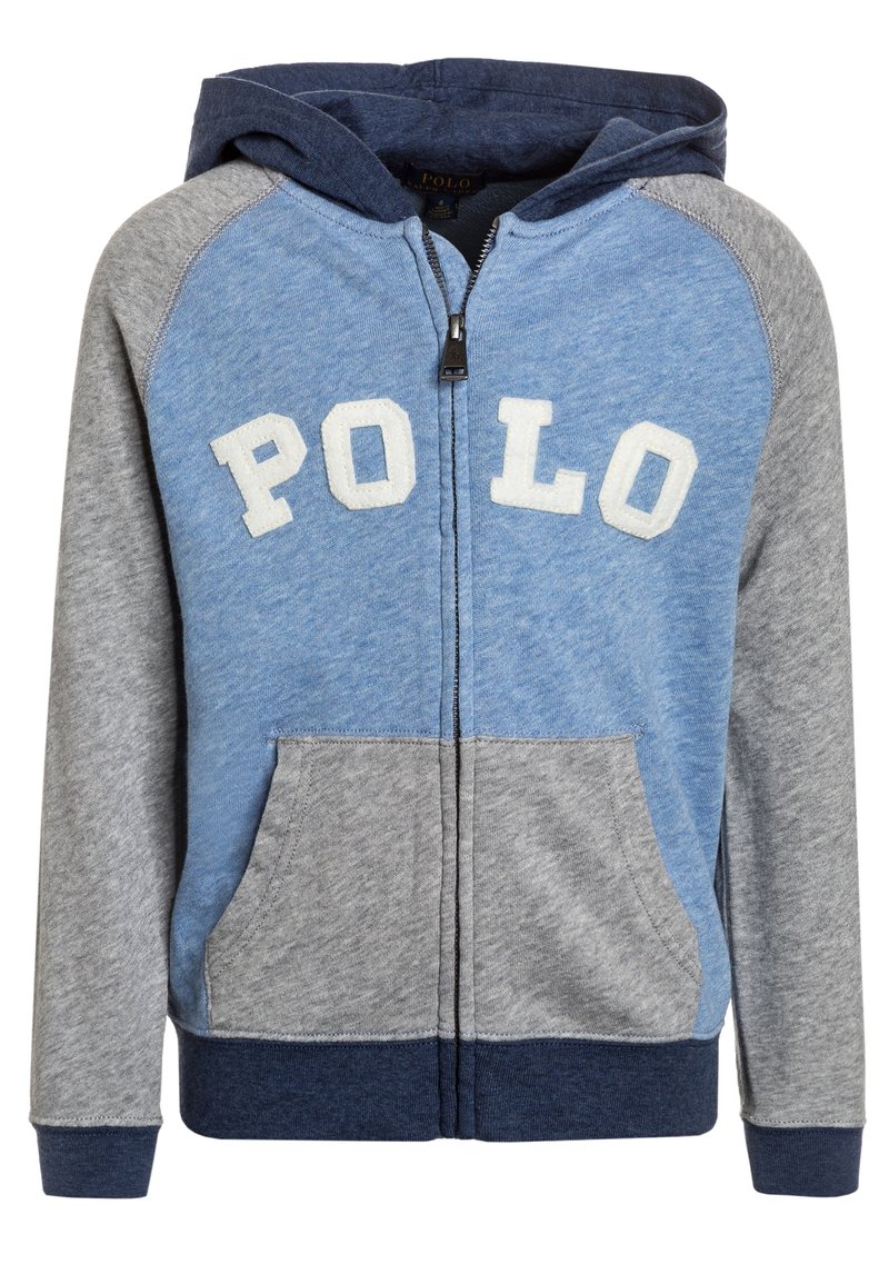 Zippovaná mikina v modré a šedé barvě, s kapucí, kapsami a aplikací "POLO" na přední straně. Vyrobena z jemné bavlněné směsi.