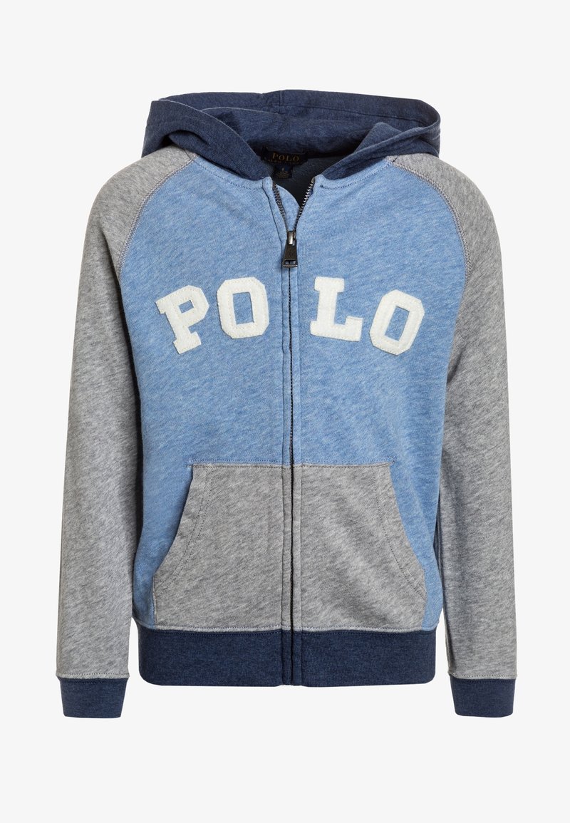 Zippovaná mikina v modré a šedé barvě, s kapucí, kapsami a aplikací "POLO" na přední straně. Vyrobena z jemné bavlněné směsi.