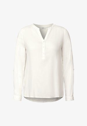 Weiß blouse mit langen Ärmeln, V-Ausschnitt und Knopfleiste vorne, mit einem leicht abgerundeten Saum und aufgerollten Manschetten. Aus glattem Stoff gefertigt.