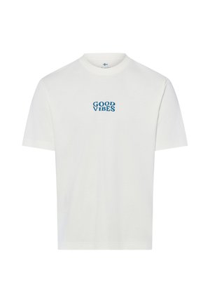 Biały t-shirt z krótkim rękawem z niebieskim tekstem "GOOD VIBES" umieszczonym na środku klatki piersiowej, z okrągłym dekoltem i bez innych widocznych wzorów.