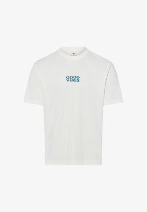 Witte t-shirt met korte mouwen en blauwe tekst "GOOD VIBES" gecentreerd op de borst, ronde hals, en geen andere zichtbare ontwerpen.