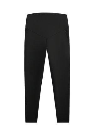 Zwarte leggings met een hoge tailleband, voorzien van een gladde textuur, twee schuin geplaatste zijzakken en een aansluitend ontwerp.