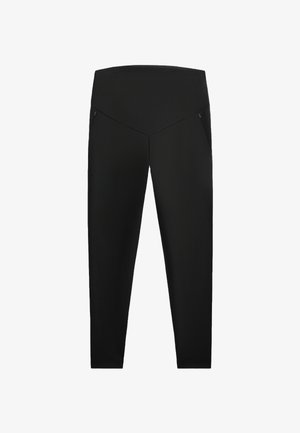 Leggings noirs avec une taille haute, présentant une texture lisse, deux poches latérales angulaires et une coupe ajustée.