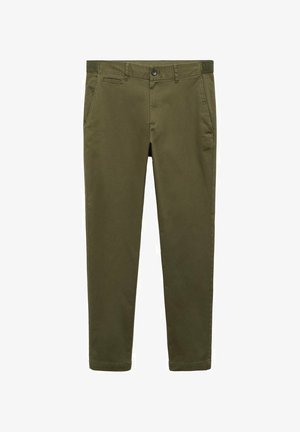 Olfino zeleni bombažni chinos hlače s ravnim krojem, sprednjimi žepi in gumbom za zapiranje. Gladka tekstura, minimalni šivi.