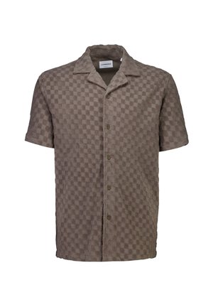 Brown short-sleeve button-up shirt with textured checkerboard pattern and open collar.