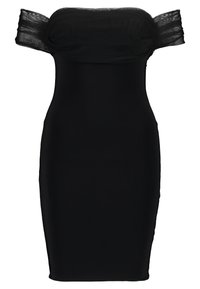 Černé bodycon šaty bez ramínek vyrobené z hladkého materiálu. Úzký střih s průhlednými vrstvenými rukávy a rovný výstřih.
