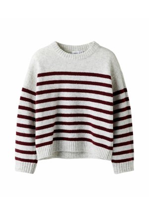 Striped sweater in light gray with burgundy stripes. Features a round neckline and ribbed cuffs and hem. Soft texture, relaxed fit.