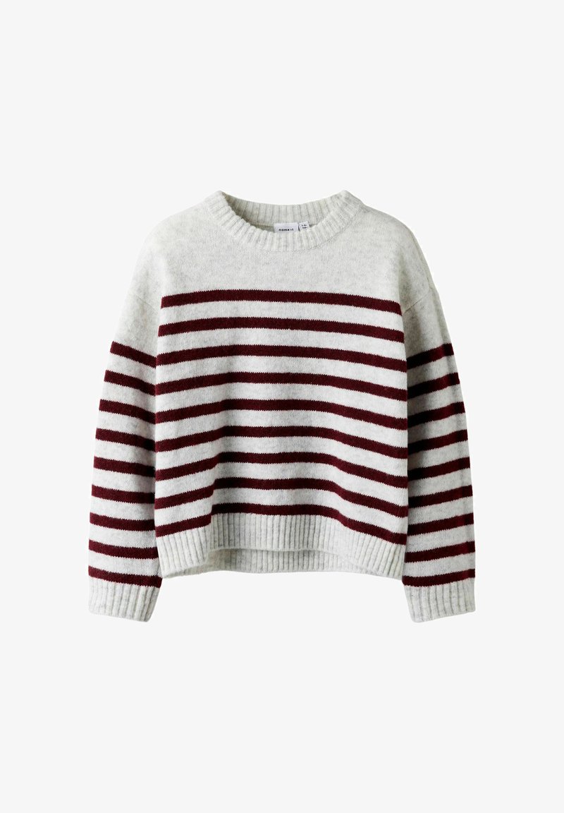 Gestreifter Pullover in Hellgrau mit burgunderfarbenen Streifen. Mit Rundhalsausschnitt und gerippten Bündchen und Saum. Weicher Stoff, lockere Passform.