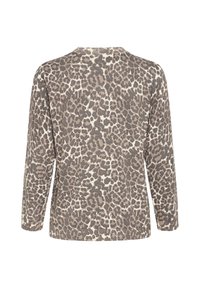 Langärmliger Pullover im Leopardenmuster in Nuancen von Taubengrau und Cremé, mit einem gerippten Rundhalsausschnitt und strukturiertem Strickstoff.