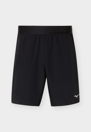 Shorts de sport noirs avec taille élastique, arborant un logo Mizuno discret et un petit emblème blanc Mizuno sur la jambe gauche.
