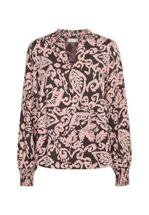 Bluzica dugih rukava u tamnosmeđoj boji s ružičastim uzorkom lišća. Ima nabran ovratnik i elastične manžete za opušteni izgled.