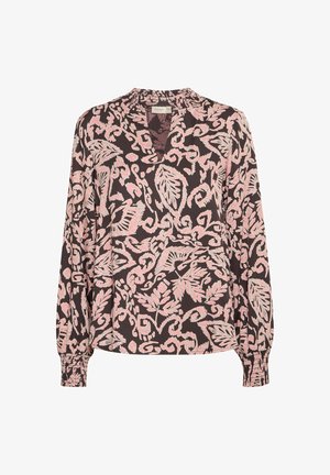 Blouse à manches longues de couleur marron foncé avec un motif de feuilles roses. Présente un col froncé et des poignets élastiqués pour un ajustement décontracté.