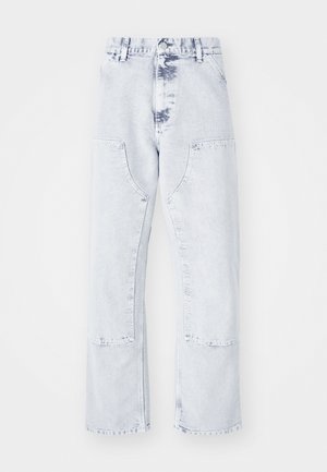 Light blue denim straight-leg jeans with patch pockets, high waist, and a faded finish. Features tonal stitching and a relaxed fit.