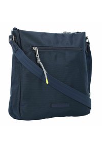 Borsa a tracolla blu navy con tessuto texturizzato, tracolla regolabile, tasca frontale con cerniera e un accento decorativo giallo sul tirazip.