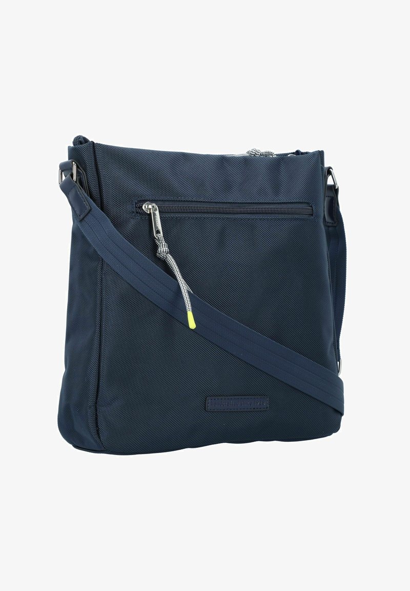 Borsa a tracolla blu navy con tessuto texturizzato, tracolla regolabile, tasca frontale con cerniera e un accento decorativo giallo sul tirazip.