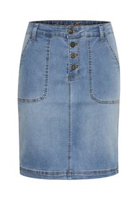 Denimkjol i ljusblått, med en figurnära design, femknappsstängning, två framfickor och framträdande sömdetaljer.