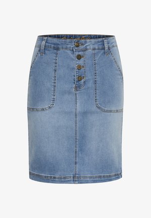Denim skirt in light blue, featuring a fitted design, five-button closure, two front pockets, and prominent stitching details.