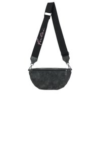 Small black crossbody bag with a textured, patterned exterior, featuring a zip closure and adjustable strap with pink branding.
