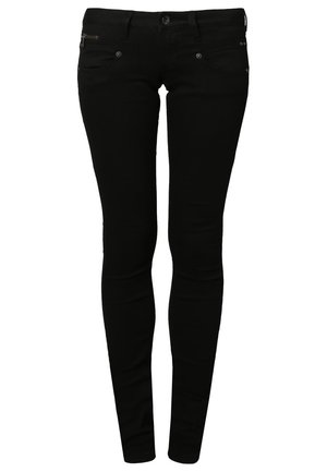 Jeans skinny neri in denim, con vita media, tasche frontali e una texture liscia che si adatta bene lungo le gambe.