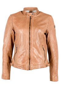 Helle Lederjacke mit Stehkragen, vorderem Reißverschluss, zwei seitlichen Reißverschlusstaschen und strukturierten Details an den Schultern.