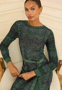 Roheline mustriga kleit pikkade varrukatega, tekstuuriga v-sinine disain, sakilise kaelusega ja seotud vööd. Peenelt detailsustatud materjal, millel on läige.