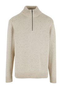 Beige strikket sweater med høj ribbet krave og halvlukning med lynlås. Har et struktureret mønster samt ribbet kant og manchetter.