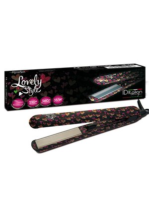 Piastra per capelli con corpo nero decorato con cuori multicolori, mostrata con confezione abbinata che mostra caratteristiche e nome del marchio.