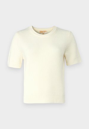 Rövidujjú, krém színű kötött pulóver bordázott textúrával, kerek nyakkivágással és enyhén cropped fazonnal, amely letisztult, minimalista dizájnnal rendelkezik.