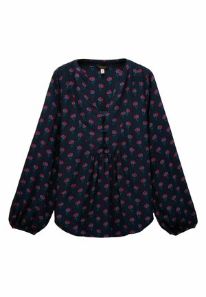 Granatowa bluzka z długim rękawem i dekoltem w kształcie litery V, z małymi, wielokolorowymi wzorami kwiatowymi, detalami w formie marszczeń oraz z guzikami. Miękki materiał.