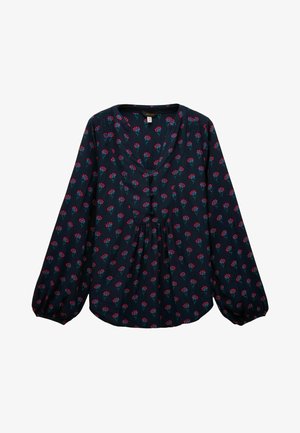 Granatowa bluzka z długim rękawem i dekoltem w kształcie litery V, z małymi, wielokolorowymi wzorami kwiatowymi, detalami w formie marszczeń oraz z guzikami. Miękki materiał.