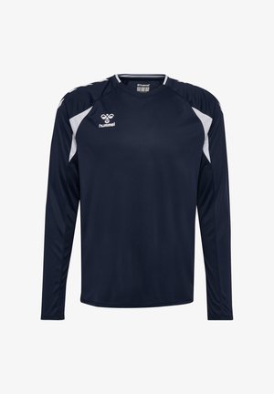 Marineblauw sportshirt met lange mouwen, witte accenten op de schouders en Hummel-logo op de linkerborst en schouders.