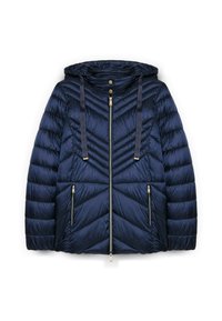 Giacca a vento imbottita blu navy con cappuccio, zip frontale, due tasche con zip e cordoncini, progettata per il freddo.