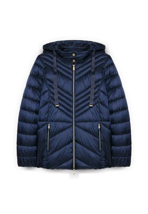 Veste matelassée à capuche bleu marine avec fermeture éclair sur le devant, deux poches zippées et cordons de serrage, conçue pour les temps froids.