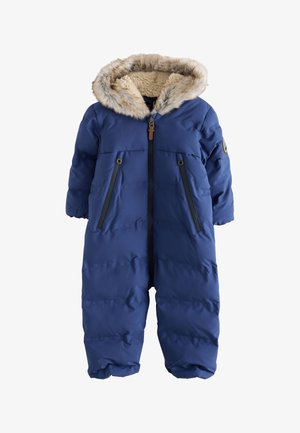 Tuta da neve isolata blu per bambini con cerniera frontale, tasche laterali, maniche lunghe e cappuccio foderato in pelliccia con interno in pile beige.