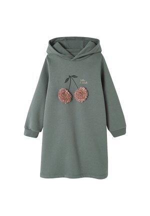 Graues Kinderkleid mit Kapuze, langen Ärmeln, pinkem strukturiertem Kirsch-Applikation und dem Text "klein & süß" auf der Vorderseite.